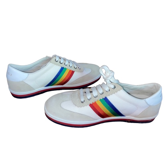 Gucci White Suede Stripe Rainbow Leather Sneakers